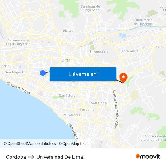 Cordoba to Universidad De Lima map