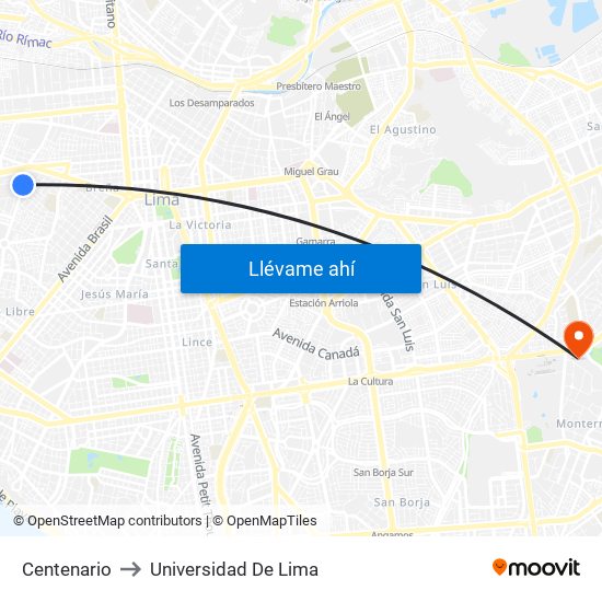 Centenario to Universidad De Lima map