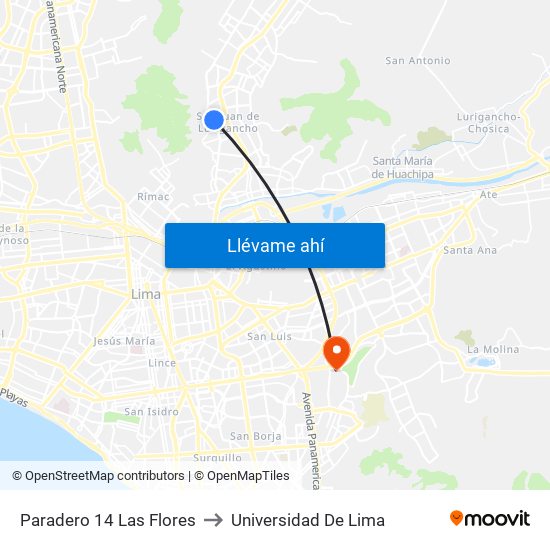 Paradero 14 Las Flores to Universidad De Lima map