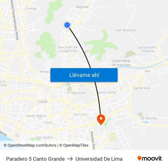 Paradero 5 Canto Grande to Universidad De Lima map