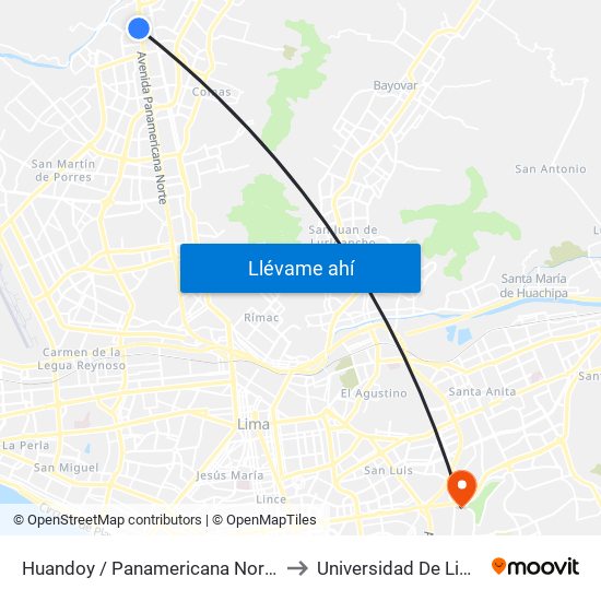 Huandoy / Panamericana Norte to Universidad De Lima map
