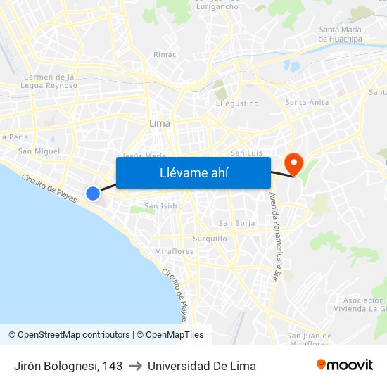 Jirón Bolognesi, 143 to Universidad De Lima map