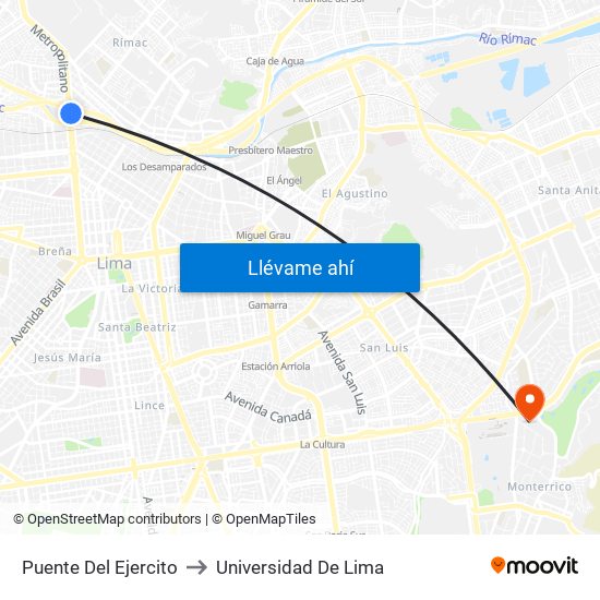 Puente Del Ejercito to Universidad De Lima map
