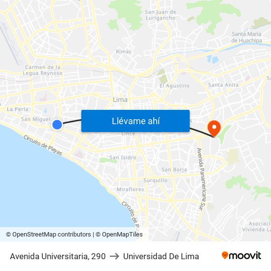 Avenida Universitaria, 290 to Universidad De Lima map