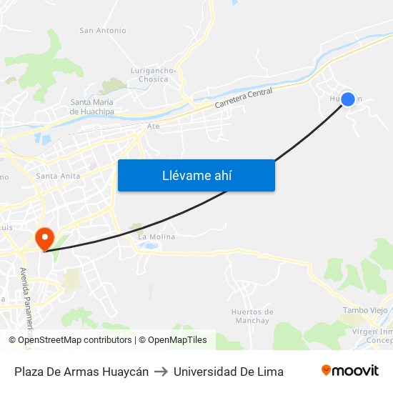 Plaza De Armas Huaycán to Universidad De Lima map