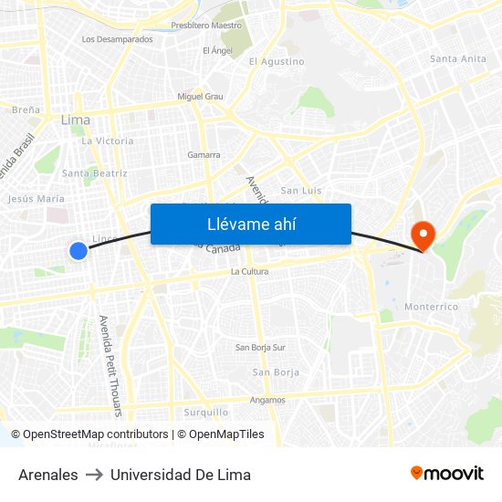Arenales to Universidad De Lima map