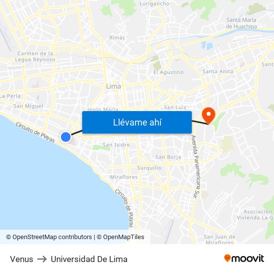 Venus to Universidad De Lima map