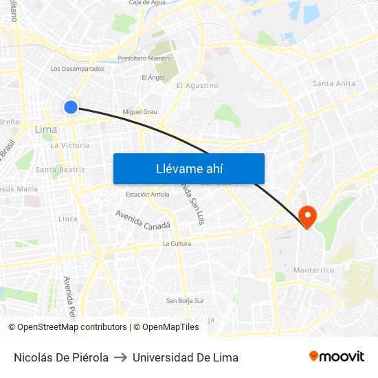 Nicolás De Piérola to Universidad De Lima map