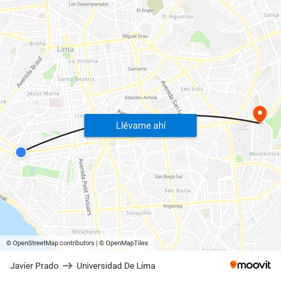 Javier Prado to Universidad De Lima map