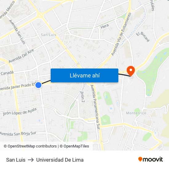 San Luis to Universidad De Lima map