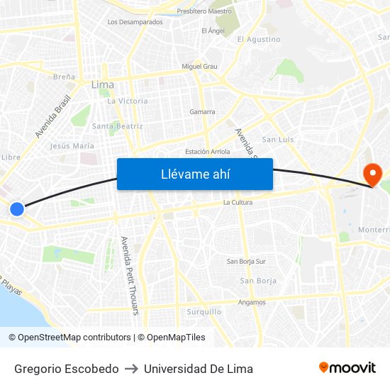 Gregorio Escobedo to Universidad De Lima map