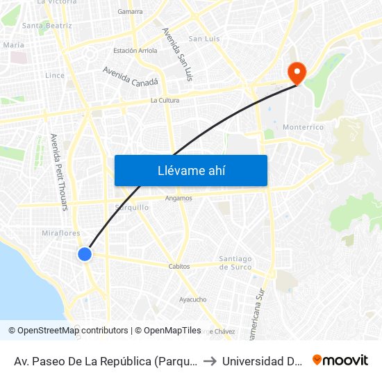 Av. Paseo De La República (Parque Reducto) to Universidad De Lima map