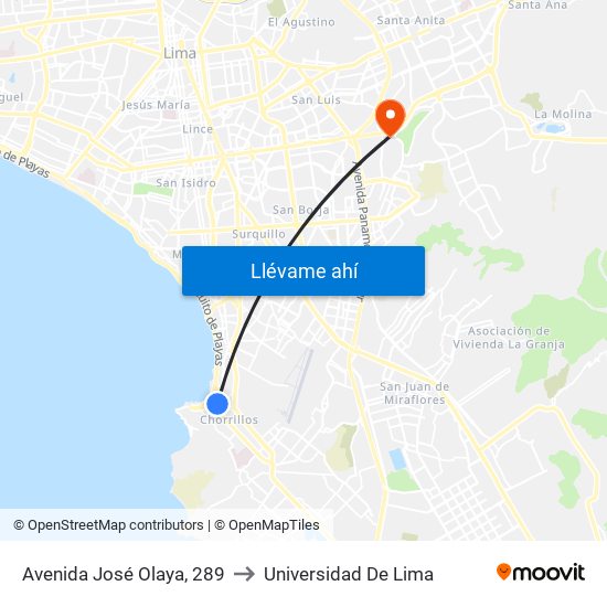 Avenida José Olaya, 289 to Universidad De Lima map