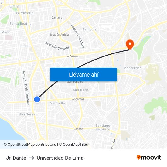 Jr. Dante to Universidad De Lima map