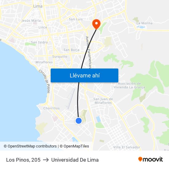 Los Pinos, 205 to Universidad De Lima map