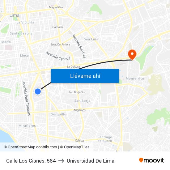 Calle Los Cisnes, 584 to Universidad De Lima map