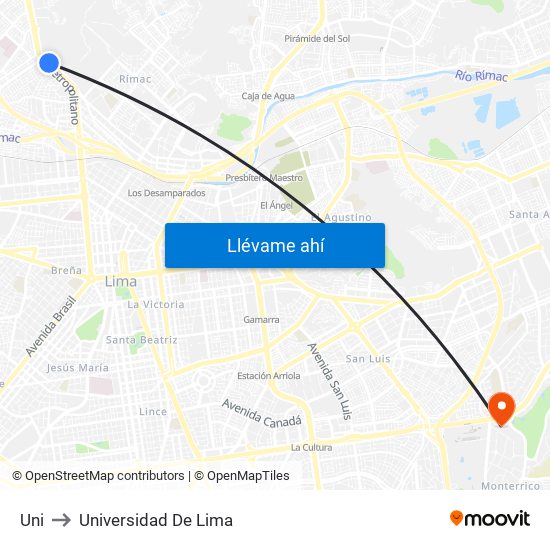 Uni to Universidad De Lima map