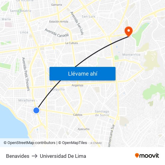 Benavides to Universidad De Lima map