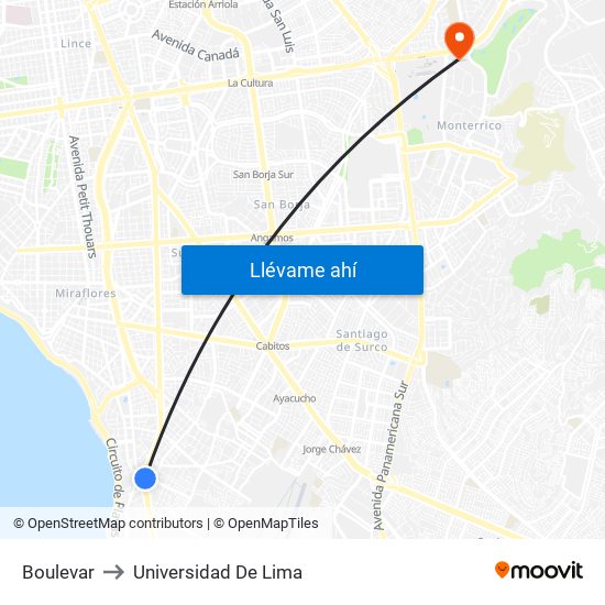 Boulevar to Universidad De Lima map