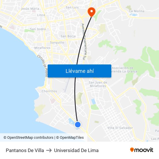 Pantanos De Villa to Universidad De Lima map
