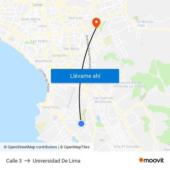 Calle 3 to Universidad De Lima map