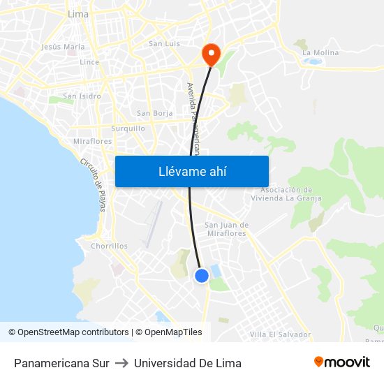 Panamericana Sur to Universidad De Lima map