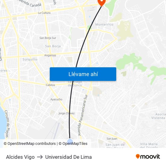Alcides Vigo to Universidad De Lima map