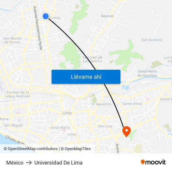 México to Universidad De Lima map
