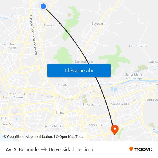 Av. A. Belaunde to Universidad De Lima map