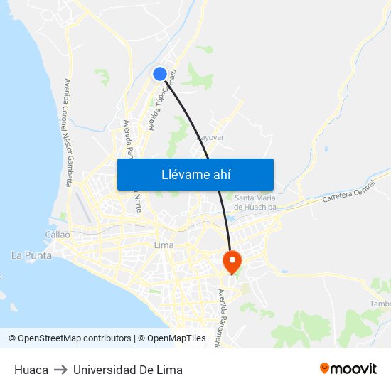 Huaca to Universidad De Lima map