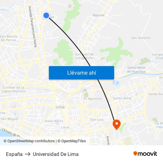 España to Universidad De Lima map