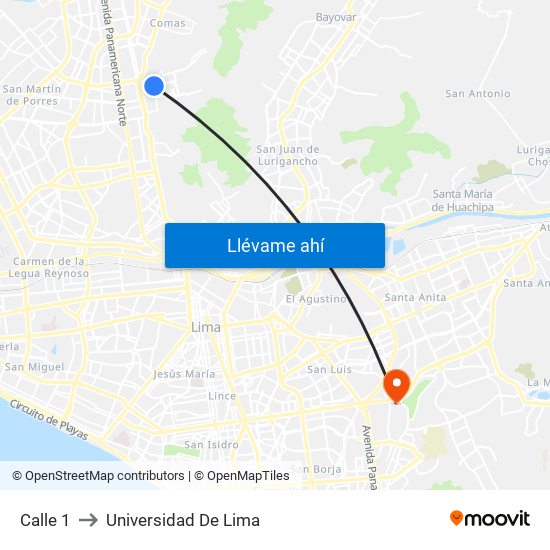 Calle 1 to Universidad De Lima map