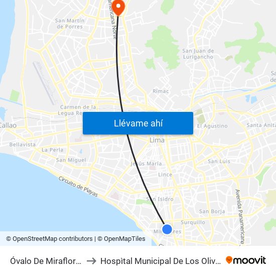 Óvalo De Miraflores to Hospìtal Municipal De Los Olivos map
