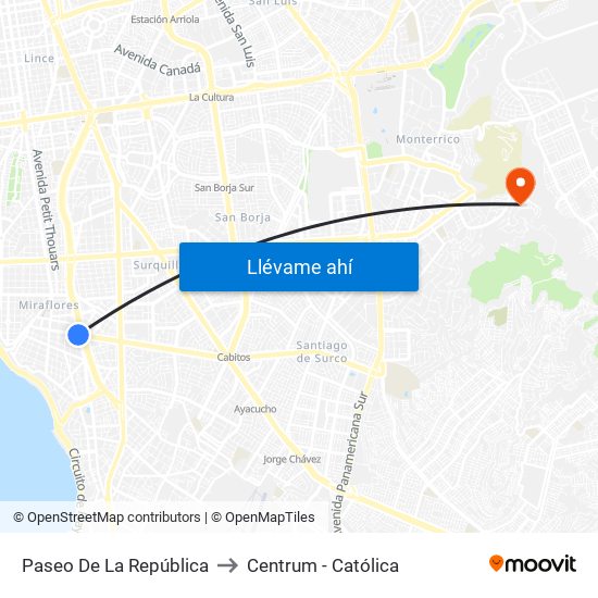 Paseo De La República to Centrum - Católica map