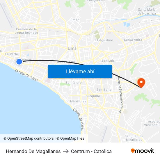 Hernando De Magallanes to Centrum - Católica map