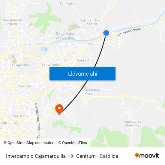 Intercambio Cajamarquilla to Centrum - Católica map