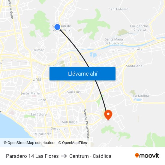 Paradero 14 Las Flores to Centrum - Católica map