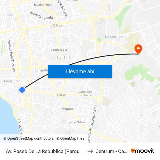 Av. Paseo De La República (Parque Reducto) to Centrum - Católica map