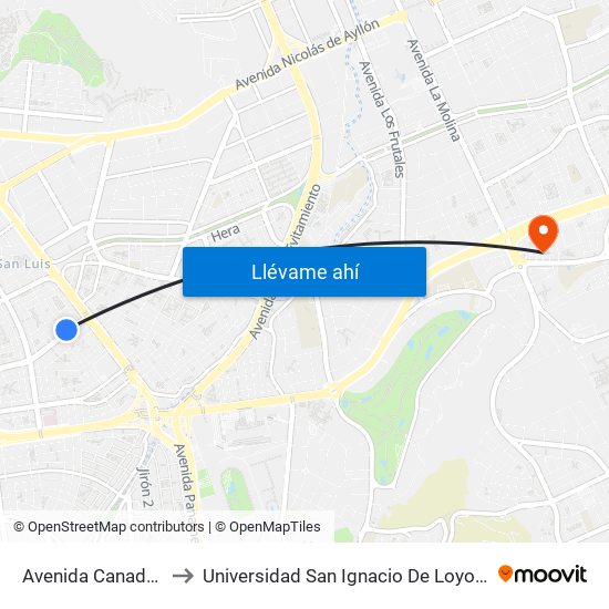 Avenida Canadá, 3921 to Universidad San Ignacio De Loyola Campus 1 map