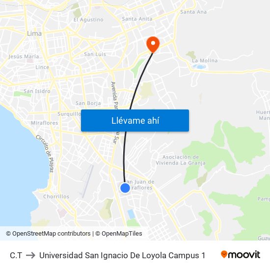 C.T to Universidad San Ignacio De Loyola Campus 1 map