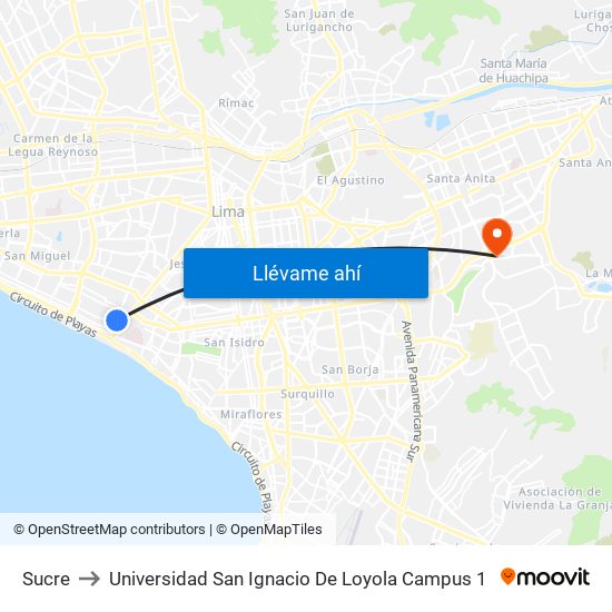 Sucre to Universidad San Ignacio De Loyola Campus 1 map