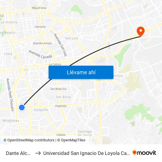 Dante Alcócer to Universidad San Ignacio De Loyola Campus 1 map