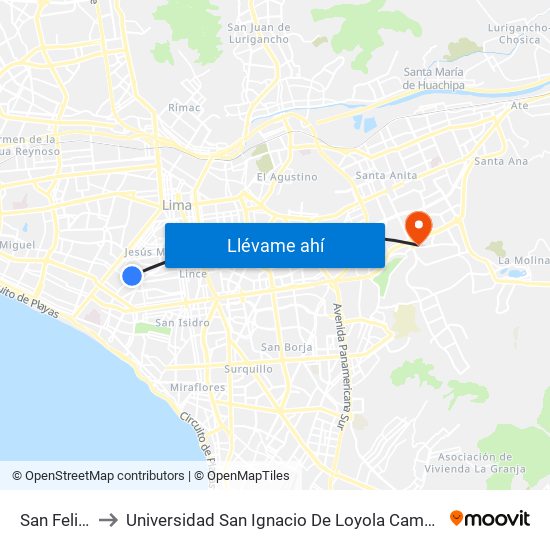 San Felipe to Universidad San Ignacio De Loyola Campus 1 map