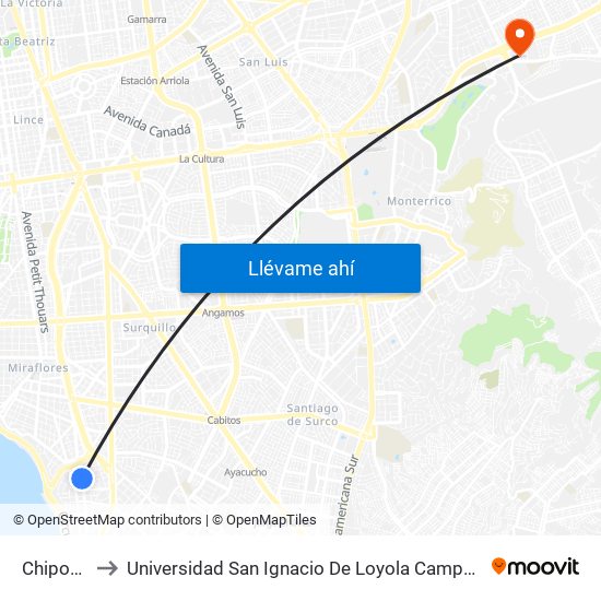 Chipoco to Universidad San Ignacio De Loyola Campus 1 map