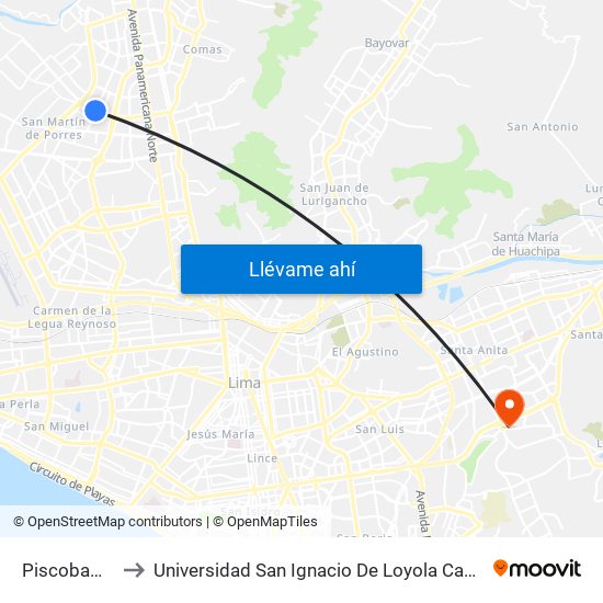 Piscobamba to Universidad San Ignacio De Loyola Campus 1 map