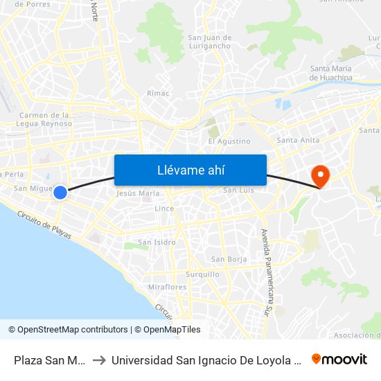 Plaza San Miguel to Universidad San Ignacio De Loyola Campus 1 map