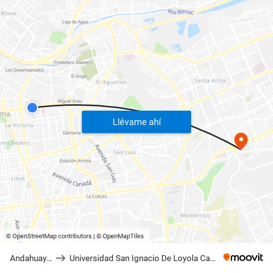 Andahuaylas to Universidad San Ignacio De Loyola Campus 1 map