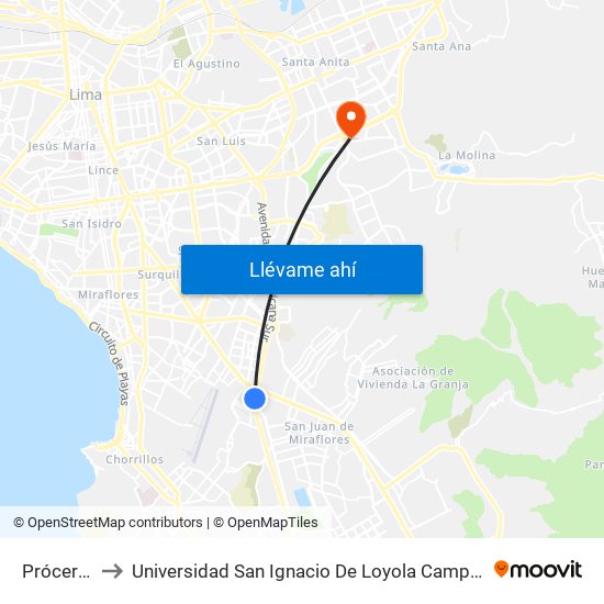 Próceres to Universidad San Ignacio De Loyola Campus 1 map