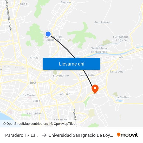 Paradero 17 Las Flores to Universidad San Ignacio De Loyola Campus 1 map