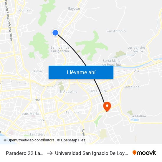 Paradero 22 Las Flores to Universidad San Ignacio De Loyola Campus 1 map